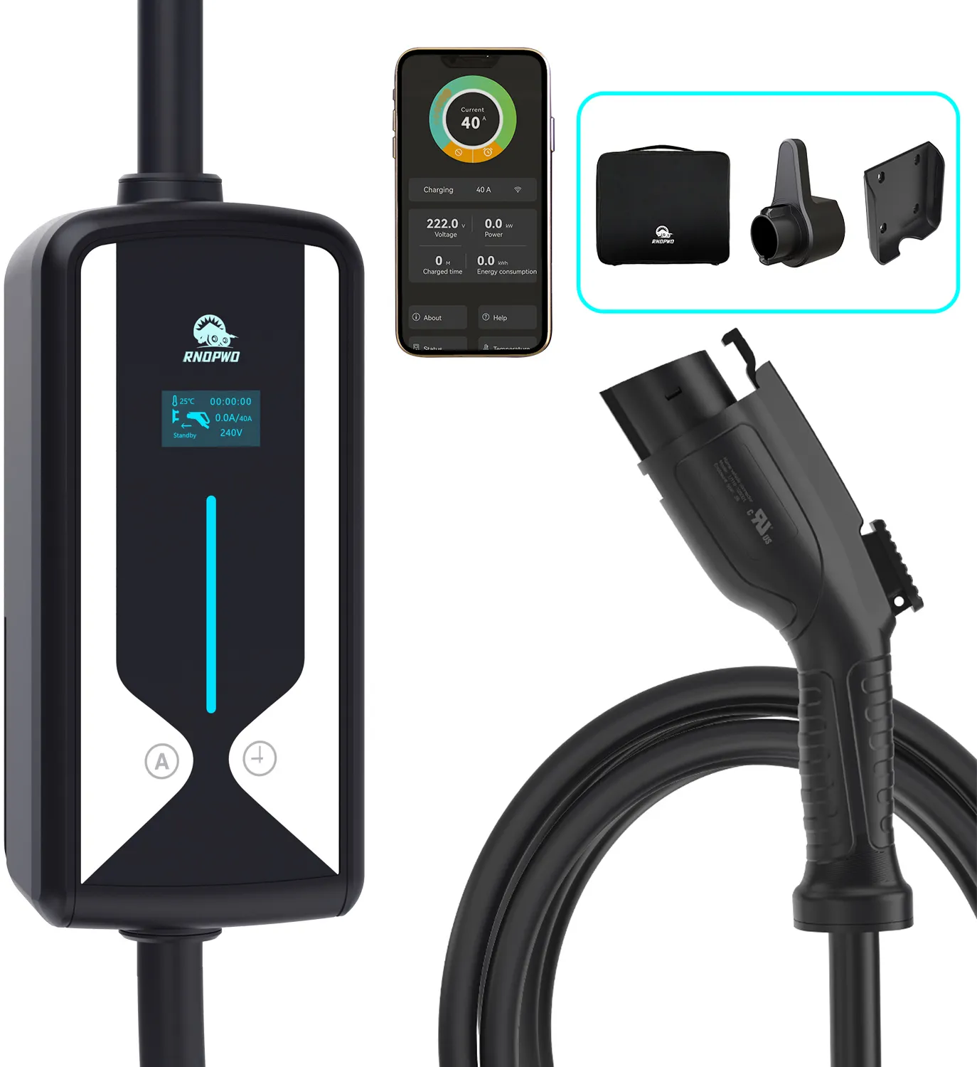 UL Certified Electric Vehicle Type1 Schuko Connector Nema 14-50 9.6KW 40A Ev Car Charger Wallbox Portable