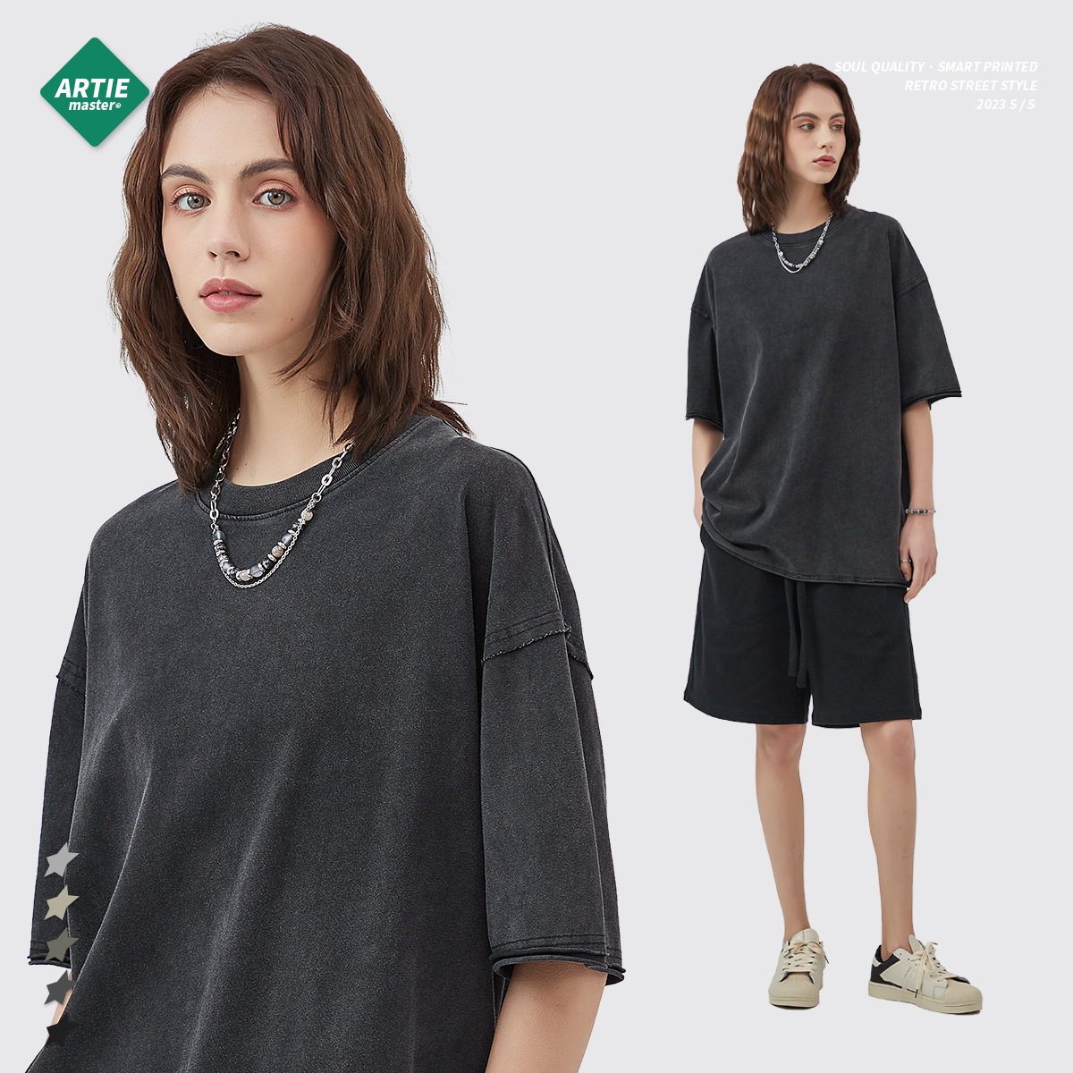 [ ] Vintage Wash Print T-Shirt ★大人気★ Streetwear Unisex Oversized Snow Wash T-Shirt - Print On