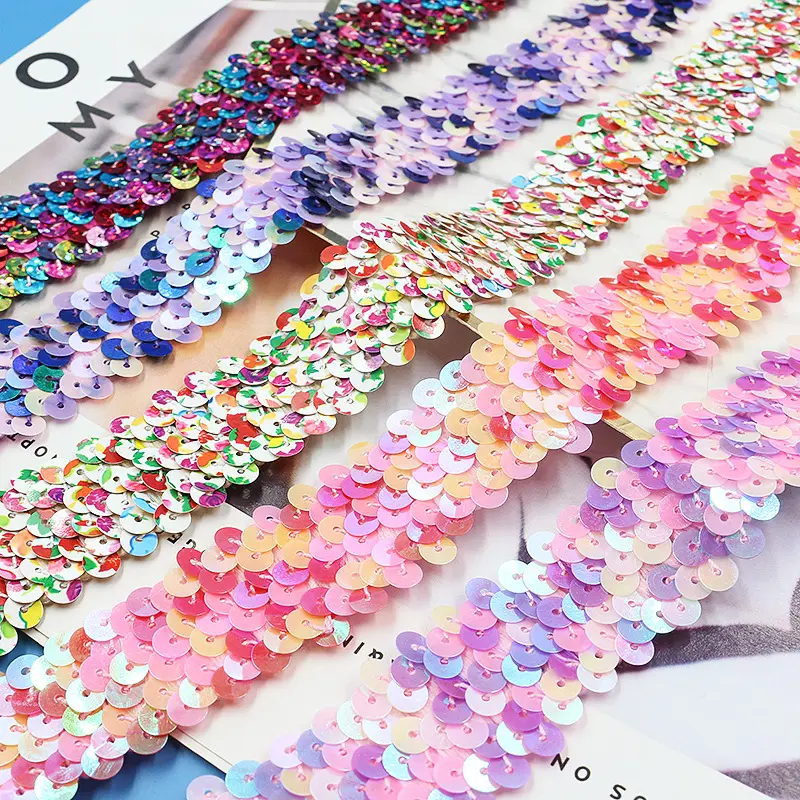 wholesale elastic sequin lace 3cm width sequins lace 3 row stretch sequin trimmings ribbon for dresses