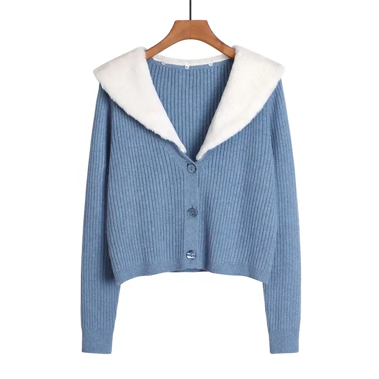 Factory Wholesale blue Cardigan Sweater Womens Faux Fur Stitching Knit Crop Sweater