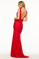 Robe de soirée longue de luxe pour femme, col en V profond, ornée de strass, sans manches, dos nu, coupe ajustée, élégante et tendance, pour dîner formel ou bal de promo