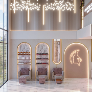 Arredamento per <span class=keywords><strong>Esposizione</strong></span> Salone di Bellezza, Bancone per Unghie Personalizzato di Lusso con Illuminazione LED, Design Gratuito per Interni di Saloni di Bellezza - Product Image 1