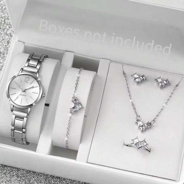 LP21 New Arrival 2026 Fashion Silver Quartz Lady Watches Gift Set Simple 5pcs Watch and Bracelet Jewelry Set for Women