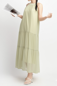 Vestido Midi Verde sin Mangas con Cuello Halter, Dobladillo Escalonado, Ajuste Holgado, Estilo Vintage Casual para Oficina, Vestido de Chifón de Verano con Cintura Holgada y Color Sólido - Product Image 6