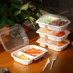 Contenants jetables pour restaurant, assiettes en plastique, boîtes à salade à 2 compartiments, boîtes alimentaires écologiques à emporter avec couvercles - Product Image 2