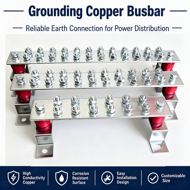 Solid Copper Grounding Busbar With Insulator Support, Custom Poles & Size Earth Bus Bar for Distribution Cabinet Switchgear