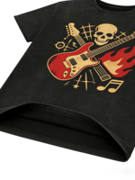 Schweres Vintage-T-Shirt mit sonnengebleichtem Rockgitarren-Totenkopf-Print, Kornit DTG-Druck, Distressed Streetwear, Herren, Alltag, locker geschnitten