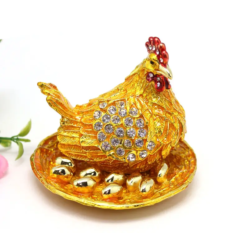 SHINNYGIFTS FengShui Decoration gift Box 100% Handmade Enamel Hen trinket box Metal Animal Jewelry box