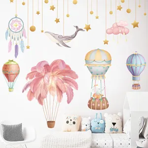 Rosa Aufkleber für Schlafzimmer wände Heißluft ballon feder aufkleber Kinderzimmer dekor tapete 3D-Vinylaufkleber
