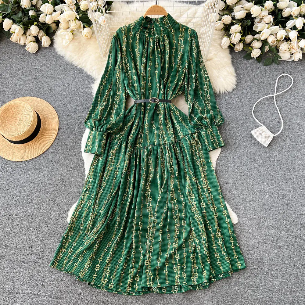 Hot Selling Waist Stand Collar Lace-up Korean Long Sleeve New Fashion Pleated Casual Summer Dresses For Women