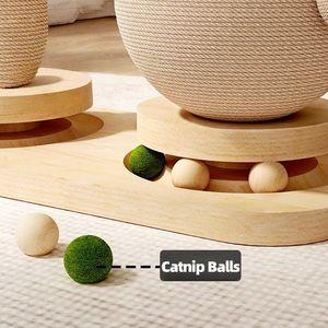 Menara kucing kayu padat dengan tongkat penggoda bola Catnip meja putar papan gores dalam ruangan tahan lama mainan kucing Sisal pohon kucing - Product Image 5