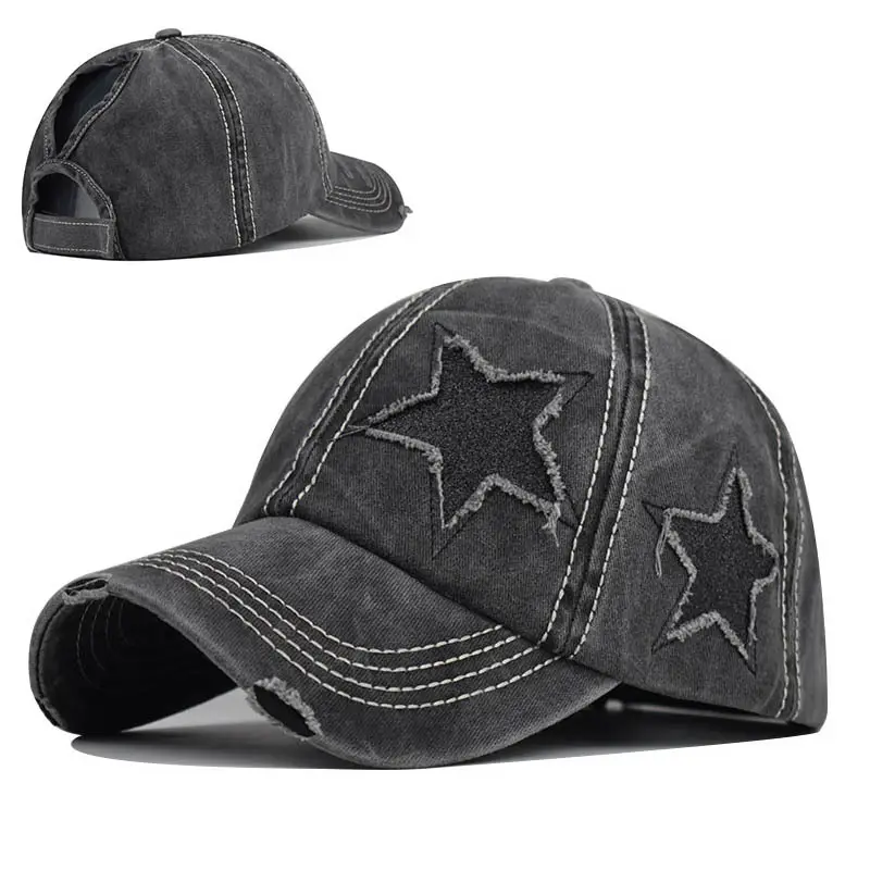 Custom Logo Katoen Gewassen Distressed Gaatbrekende Pentagram Pailletten Glitter Paardenstaart Cap Gebogen Rand Baseballpet