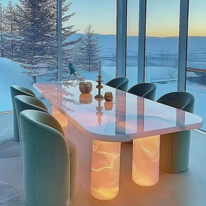 Moderno tavolo <span class=keywords><strong>da</strong></span> <span class=keywords><strong>pranzo</strong></span> in cristallo di marmo reale personalizzato Set di mobili per la casa <span class=keywords><strong>con</strong></span> funzione di illuminazione per il <span class=keywords><strong>soggiorno</strong></span> - Product Image 1