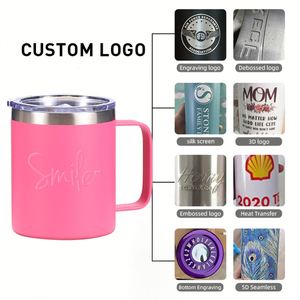 Produit phare : Tasse de voyage isotherme en acier inoxydable à double paroi de 12 oz avec logo personnalisé, revêtement en poudre et poignée en acier - Product Image 3