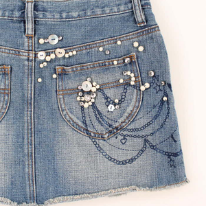 Mini-jupes en <span class=keywords><strong>jean</strong></span> sexy ornées de sequins personnalisés, robes pour femmes brodées de strass, jupes courtes à bord brut - Product Image 4