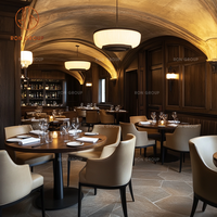 Ensemble de mobilier de salle à manger de restaurant de luxe, table ronde en bois avec chaises en cuir et pieds en métal pour café