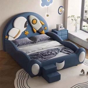 Lit d'enfant Astronaute Thème Espace avec Toboggan et Barrières de Sécurité, Moderne, Entièrement en Bois, Revêtement en Coton, Lit Confortable pour Chambre à Coucher Marque Wl - Product Image 2