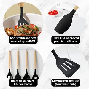 Ensemble de spatules, ustensiles de cuisine, cuisson, silicone antiadhésif résistant à la chaleur, manche en bois, couleur personnalisée, logo personnalisé en stock - Product Image 4