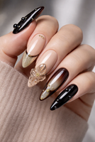 Ongles Press-on Faits Main en PMMA, 10 Pièces, Personnalisables, Stiletto Moyen, Marron Ambré, Fleur 3D, Goutte de Rosée Dorée, Ongles de Luxe à Coller avec Colle