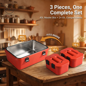 Ensemble de 3 contenants isothermes pour aliments, boîte extérieure de 40 L avec 2 boîtes intérieures de 10 L, doublure en acier rouge ou verte pour la livraison en restaurant - Product Image 3