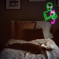 Lumière néon dimmable amusante en forme de chat rose et d'extraterrestres verts pour décoration murale, idéale pour les décorations murales artistiques, les salles de jeux, les fêtes et les cadeaux d'anniversaire pour enfants