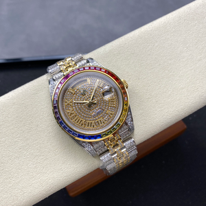 นาฬิกากลไกสีทอง18K แบบกำหนดเองคุณภาพสูง40มม. สีรุ้งเพชรโมอิสกันน้ำจระเข้เสน่ห์ของซิลิโคน - Product Image 2