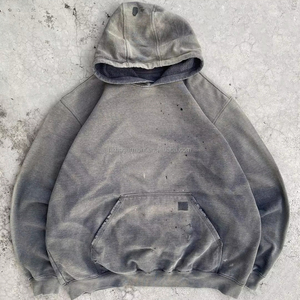 Sudadera con capucha de algodón orgánico de punto grueso, estilo vintage, lavado ácido, talla grande para hombre, con parches bordados y efecto desgastado - Product Image 1