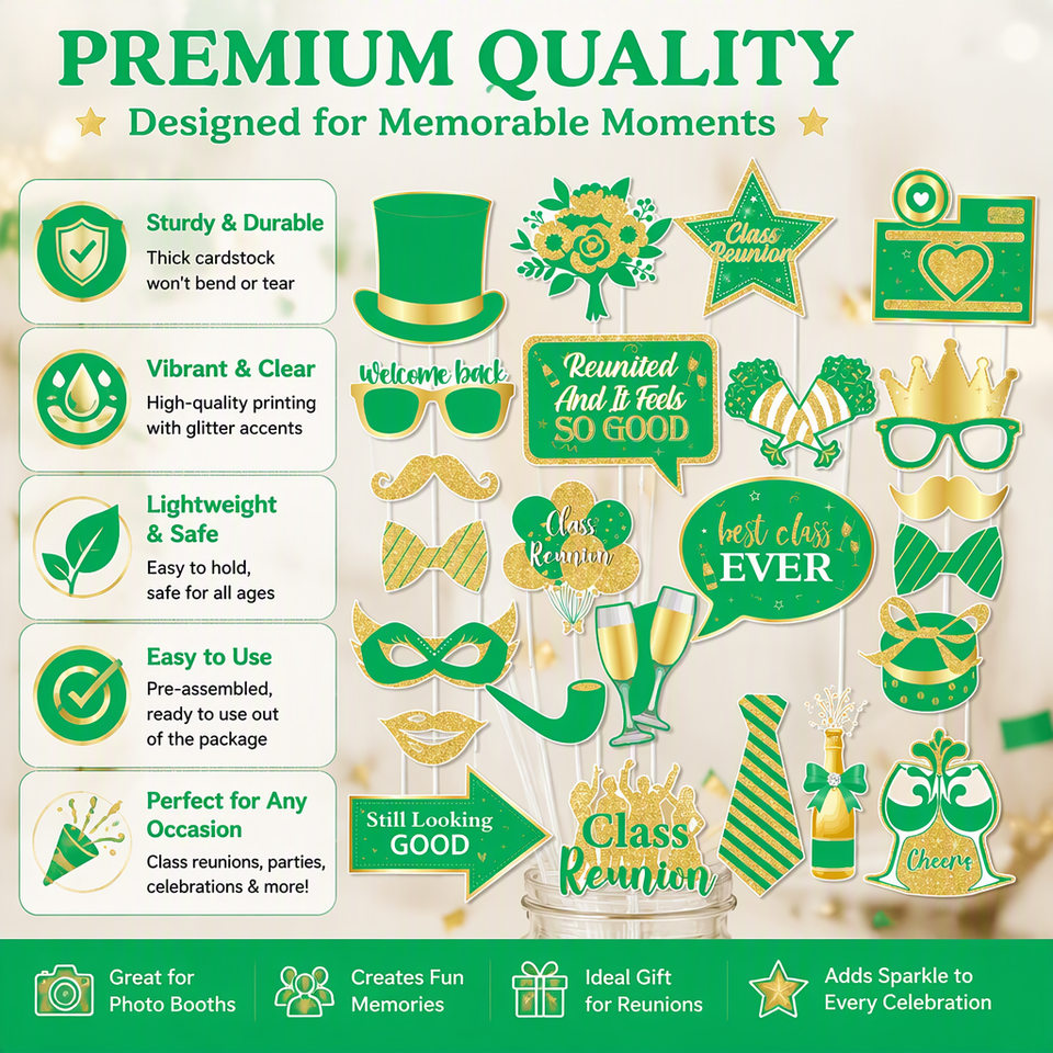 Class Reunion Photo Booth Props Green Gold Best Class Ever Welcome Back ...