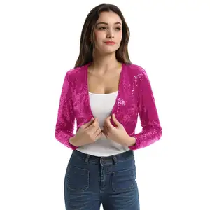 Großhandel Amazon Frauen Shining Pailletten Langarm Kurz geschnittene Länge Open Front Bolero Achsel zucken