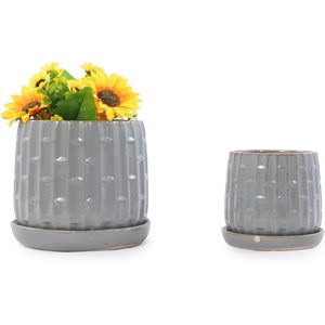 Pots de plantes en céramique avec soucoupe, 6 à 8 pouces, gris glacé, texture bambou, utilisation intérieure et extérieure - Product Image 1