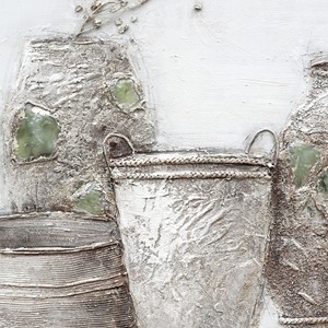 Quadro Astratto con Natura Morta, Vasi <span class=keywords><strong>Rustici</strong></span> con Intarsi Verdi e Fiori Secchi, Dipinto a Olio Fatto a Mano su Pietra Naturale - Product Image 4