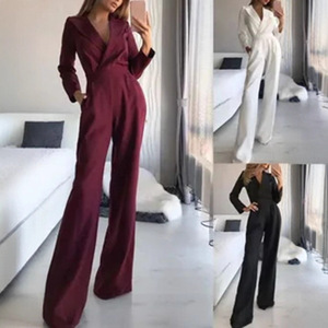 Mono de satén para mujer, manga larga, cuello en V, pierna ancha, cintura midi, elegante, para uso diario, en colores blanco roto, negro, rojo vino, verde oscuro, y color té con leche. - Product Image 1