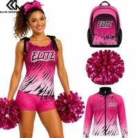 Ensemble de survêtements de cheerleading personnalisés par sublimation, rose, avec pompons, nœuds, sac à paillettes, logo d'équipe en strass et veste d'entraînement de cheerleading