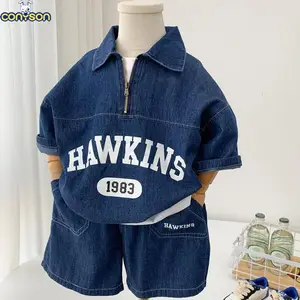 Setelan desain butik anak laki-laki korea fashion musim panas Conyson pakaian grosir set pakaian 2 potong denim