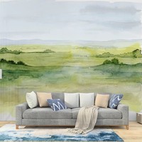 Papier Peint Mural Personnalisé Paysage Champêtre Vert Aquarelle, Scène de Montagne Douce, pour Salon, Villa, Gîte, Tissu Mural