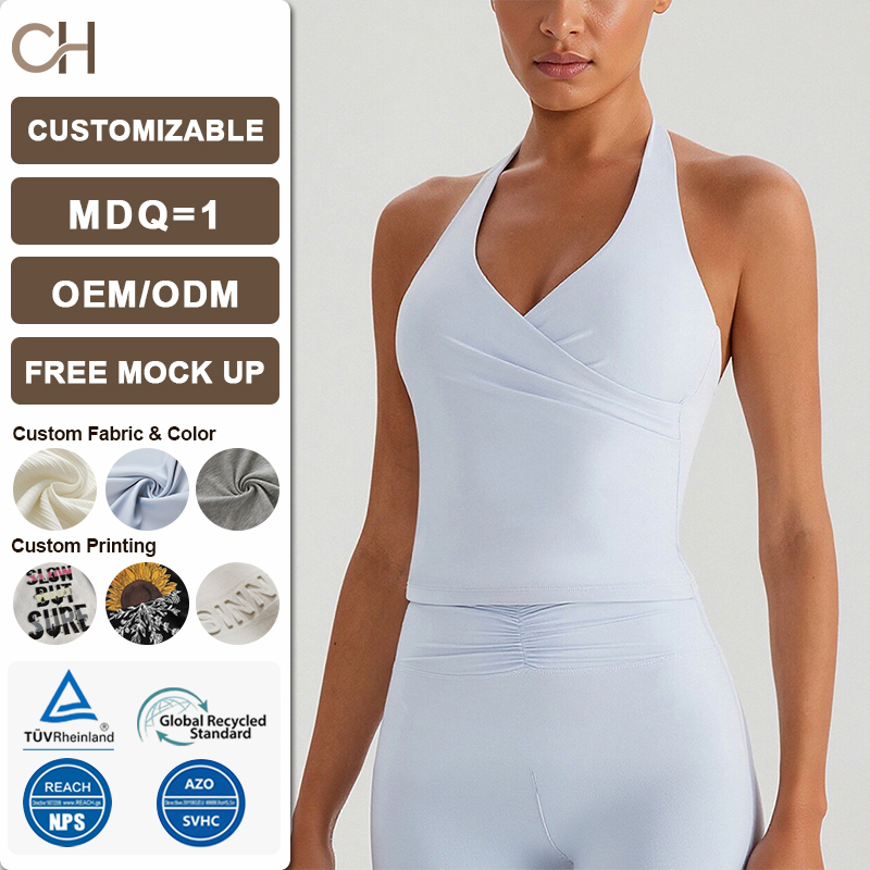 Women's V-Neck Halter Strap Yoga Top Push Up With Built-in Bra Pad Nude Feeling Slimming Sexy Backless Wearable Sports Vest