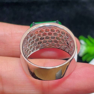 <b>Men</b> Imperial Green Jadeite Saddle <b>Ring</b> 18K White Gold Baguette Diamond Setting, Translucent Burmese Jade Gentleman Fine Jewelry - Product Image 3