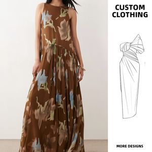 Robe longue vintage marron à imprimé floral pour <span class=keywords><strong>femme</strong></span>, sans manches, col montant, style bohème, élégante et fluide, idéale pour l'été et <span class=keywords><strong>la</strong></span> <span class=keywords><strong>plage</strong></span> - Product Image 1