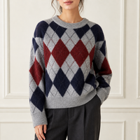 Pull en tricot Argyle personnalisé pour femme, col rond, gris, marine, bordeaux, mélangé, OEM ODM Factory