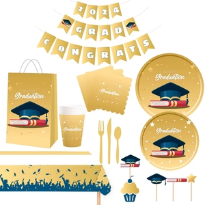 DAMAI - Juego de Vajilla Desechable Personalizado para Fiestas de Graduación, Platos de Papel Negros y Dorados para Decoraciones de Fiestas de Graduación - Product Image 1