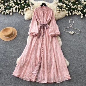 Robe longue à manches longues Printemps 2026 avec cordon de serrage à la taille, style français - Product Image 1