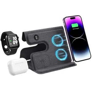 2024 Nieuwe Product Full Pu Lederen 3 In 1 Draadloze Oplader Voor Iphone Opvouwbare Multifunctionele Licht Smart Watch Stand Voor Airpods