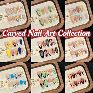 Qianya - Juego de 10 <span class=keywords><strong>Uñas</strong></span> Postizas Almendradas con Diseño 3D Tallado a Mano, Personalizadas OEM - Product Image 1