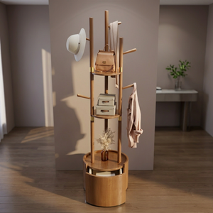 Modern <b>Wood</b> <b>Coat</b> Rack with Shelves and <b>Hooks</b> Freestanding Storage for Bedroom Living Room Furniture Scandinavian Design - Product Image 4
