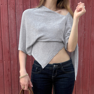 Camiseta de Verano para Mujer, Casual, Asimétrica, de Manga Larga, Transpirable, Anti-UV, con Fruncido, Tejida, Ecológica, de Viscosa/Poliéster, 180g - Product Image 1