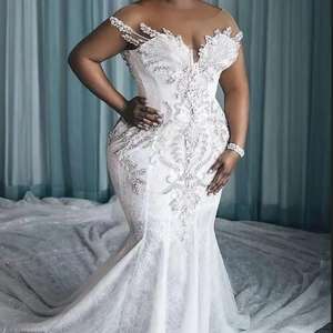 2023 Иллюзия полная Кружевная аппликация Хрустальное Бисероплетение рукава кепки часовник шлейф официальное Африканское арабское очаровательное свадебное платье русалки - Product Image 1