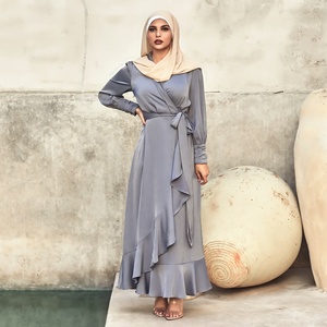 Asymmetrisches Rüschen-Taillengürtel Muslimisches Kleid Hohe Qualität Lange Ärmel Satin Muslimische Damen Einfarbiges Maxikleid - Product Image 5