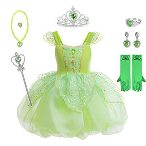 Costume de princesse d'Halloween pour filles, couronne, baguette magique, robe de <span class=keywords><strong>fée</strong></span> verte pour fête de filles, costume d'elfe Tinker Bell - Product Image 1