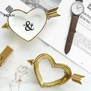 Luxury golden home decoration heart / square shape trinket ring ceramic heart jewelry tray ring dish for gift