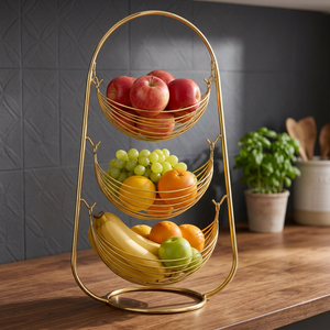 Elegant Gold 3 Tier Fruit <b>Basket</b> Stand with <b>Hanging</b> Wire <b>Baskets</b> for Kitchen Countertop <b>Storage</b> and Decorative Home Organization - Product Image 5